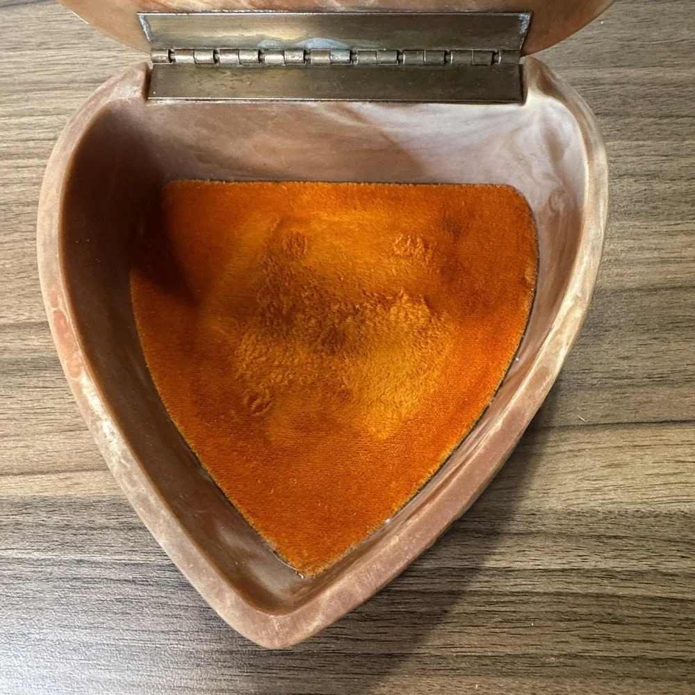 Vintage Incolay Stone Rose Heart Cameo Jewelry Box Doves Roses Velvet Lined 6x6